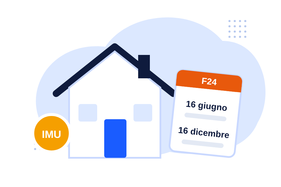 Una casa disegnata accanto a un modello F24 con le scadenze del 16 giugno e del 16 dicembre