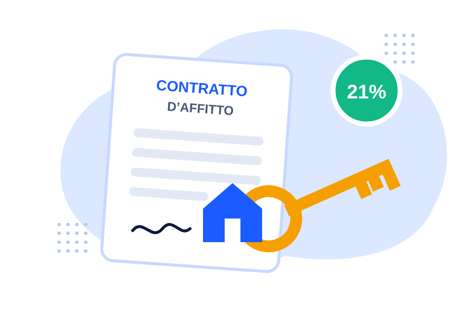 Una chiave di casa con un portachiavi a forma di casetta appoggiata su un contratto d’affitto