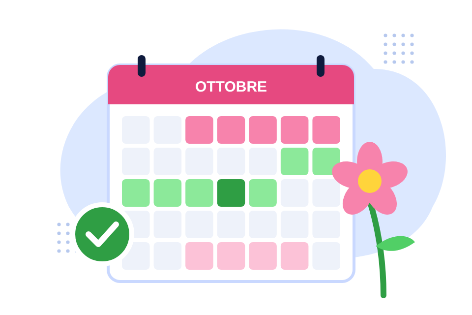 Un calendario con alcuni giorni evidenziati in rosa e un fiore accanto