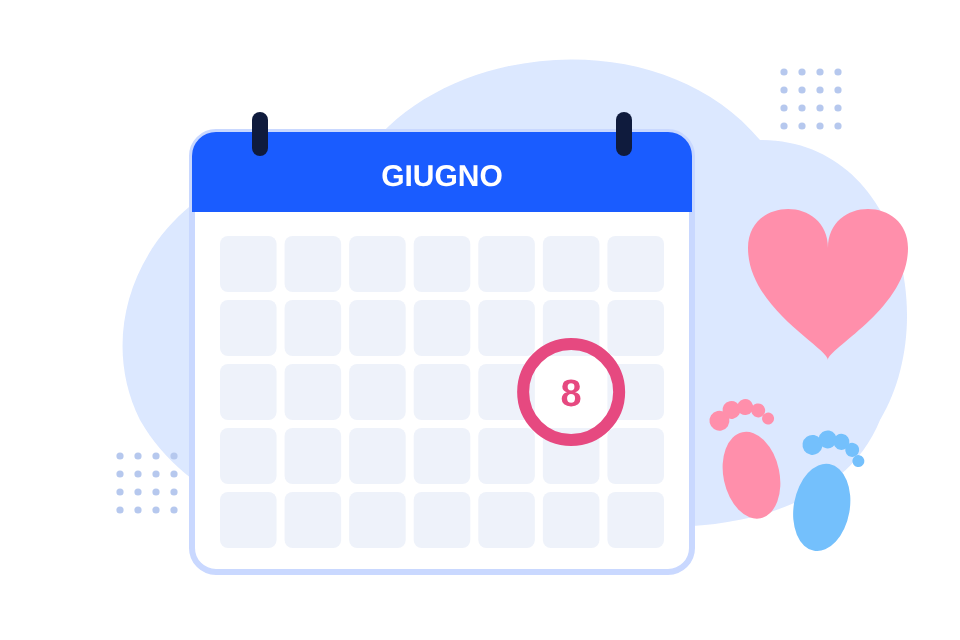 Un calendario con una data cerchiata, un cuore e un ciuccio