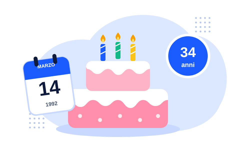 Una torta di compleanno con tre candeline, un foglio di calendario del 14 marzo 1992 e la scritta 34 anni