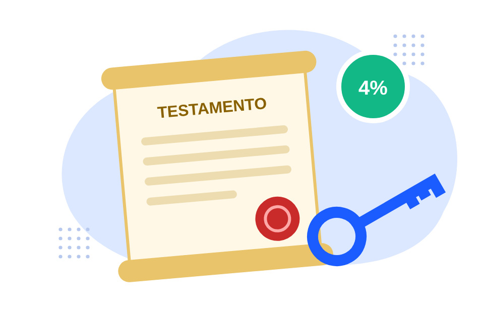 Un testamento arrotolato con il sigillo di ceralacca e la chiave di casa