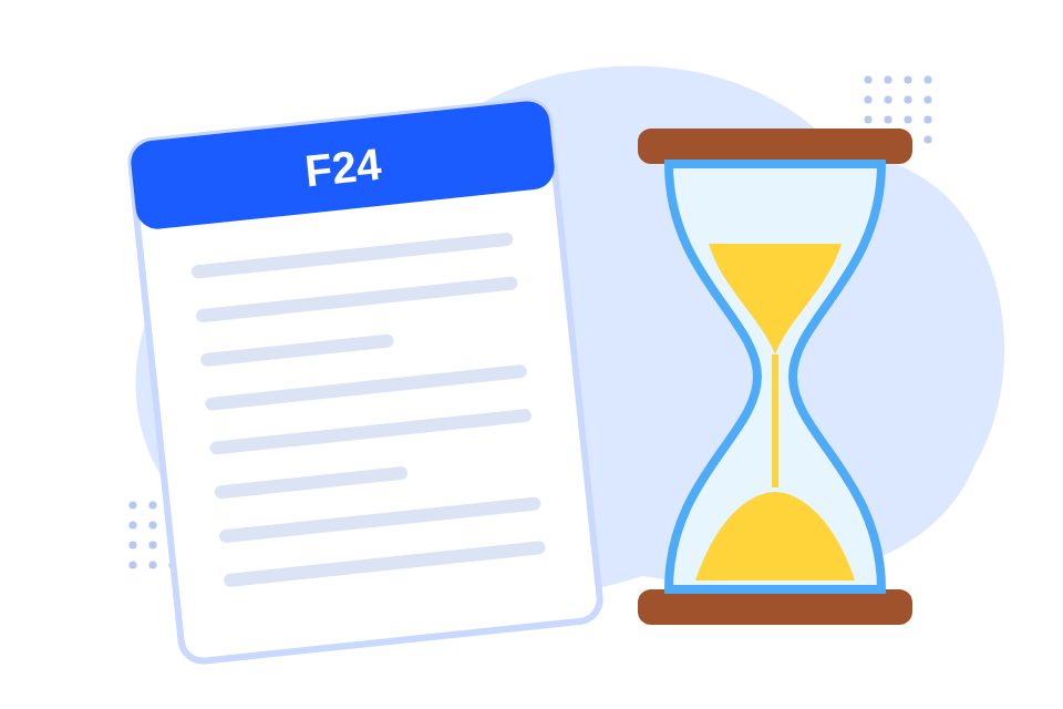 Una clessidra accanto a un modello F24 e una calcolatrice