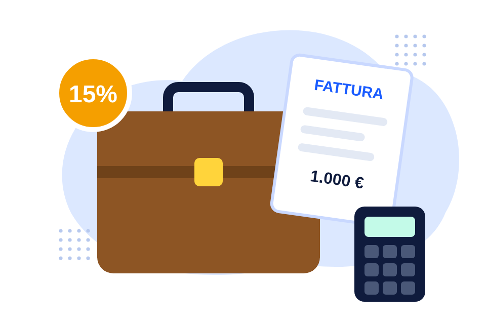 Una ventiquattrore aperta con fattura, calcolatrice e il simbolo della percentuale