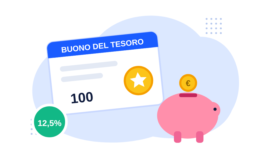 Un titolo di Stato con il sigillo della Repubblica accanto a un salvadanaio e a un calendario
