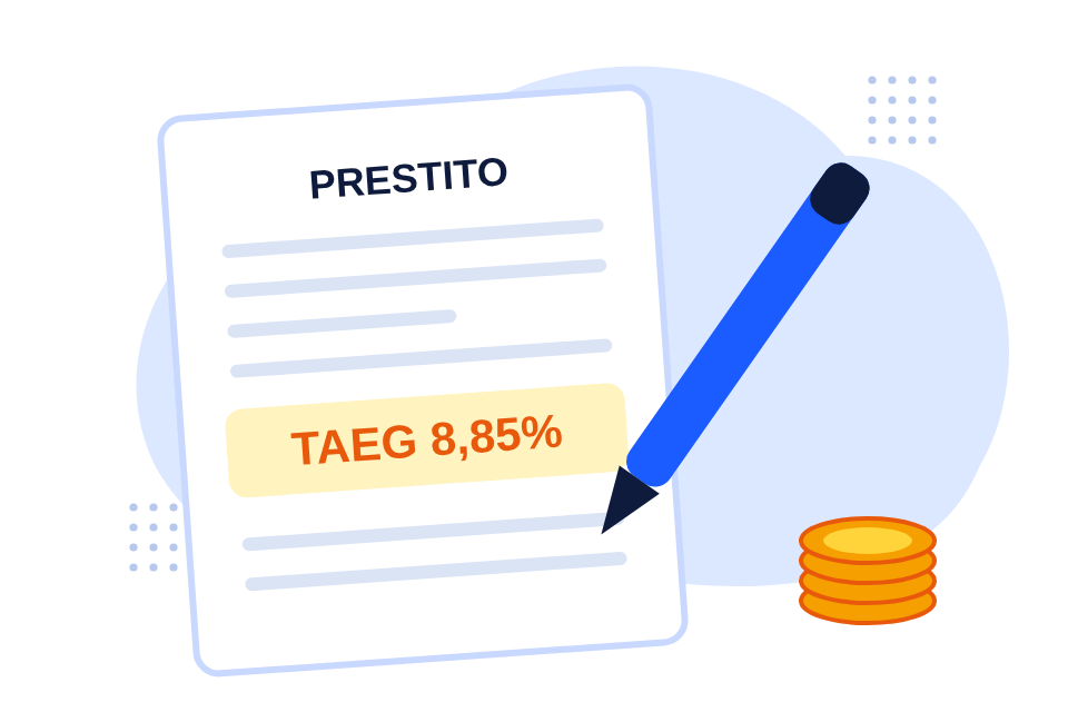 Un contratto di prestito con una percentuale evidenziata, una penna e delle monete