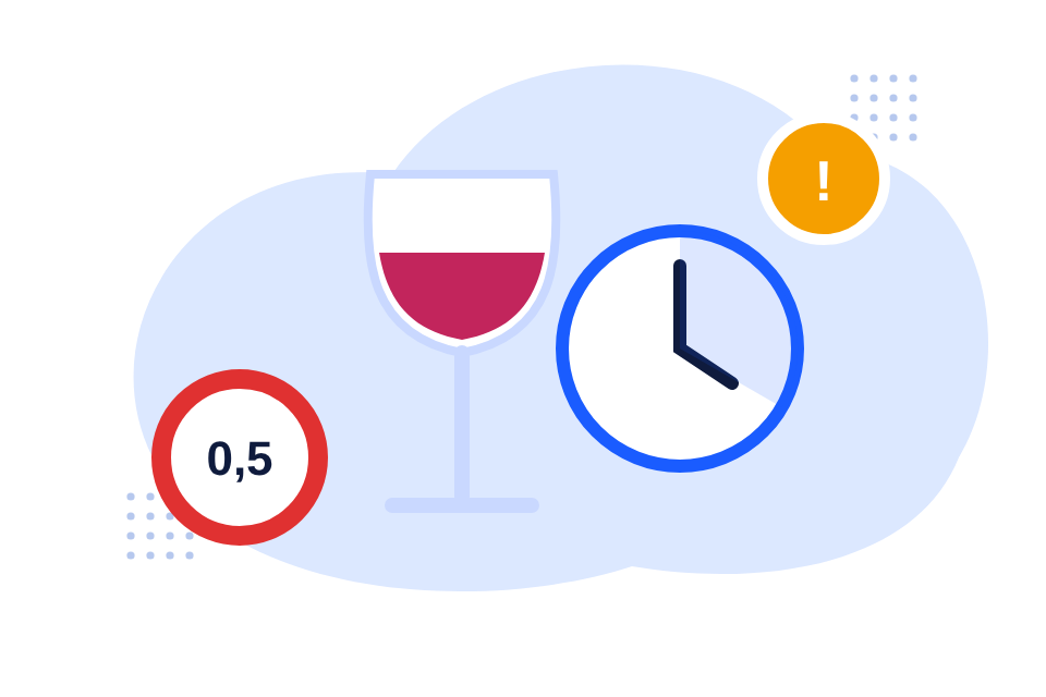 Un calice di vino rosso accanto a un orologio e a un cartello stradale con il limite 0,5