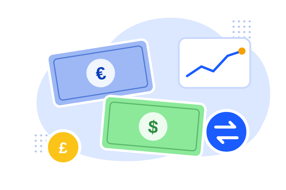 Una banconota in euro e una in dollari con un grafico dei cambi e le frecce dello scambio